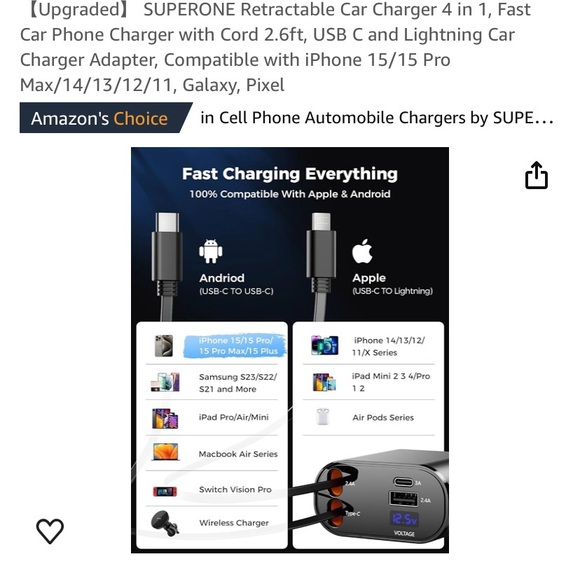 4 in 1 Retractable Car Charger, iPhone and android Fast Charging Adapter - Picture 7 of 7